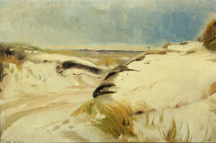 A road winding through the dunes and a lighthouse in the distance. - Michael Peter Ancher