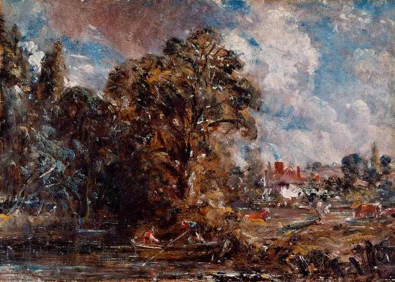 A river scene with a farm by the water's edge - John Constable