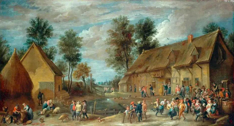 A village scene with peasants having fun in front of an inn - David Teniers the Younger