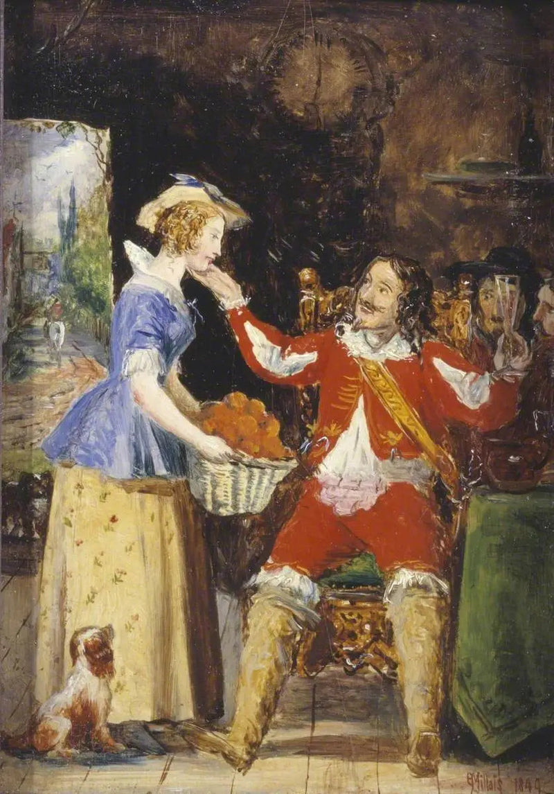 A servant offering a basket of fruits to a rider - John Everett Millais