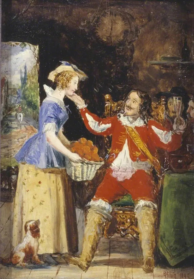 A servant offering a basket of fruits to a rider - John Everett Millais