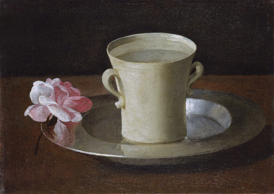 A cup of water and a rose on a silver tray - Francisco de Zurbarán