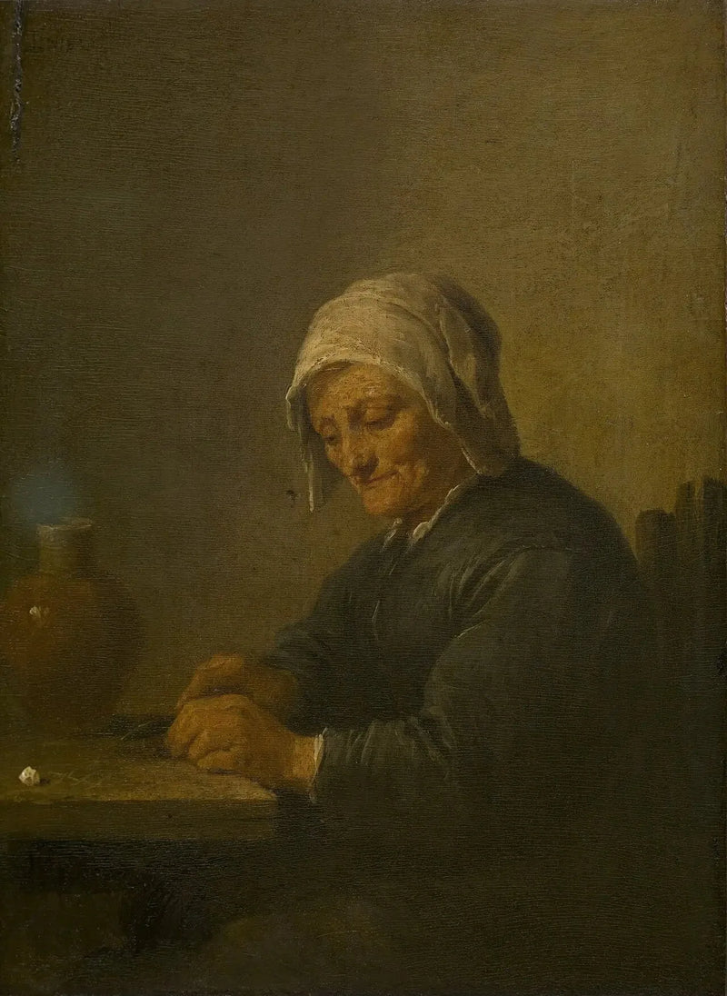 An old woman cutting tobacco - David Teniers the Younger