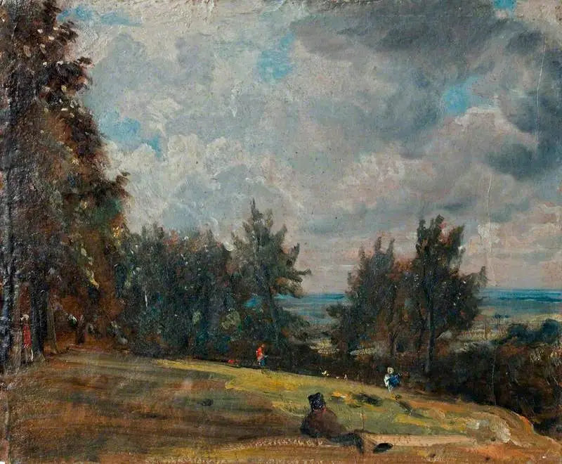 A view in Hampstead with trees and characters - John Constable