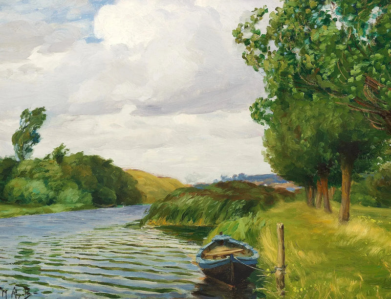 A view of the river in Odense, with a boat. - H. A. Brendekilde