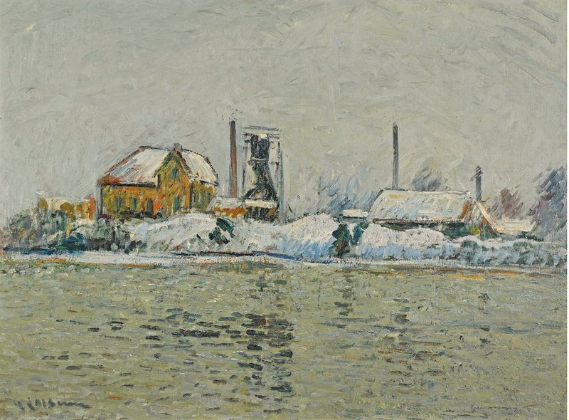Factory on the Banks of the Oise, Snow Effect - Gustave Loiseau