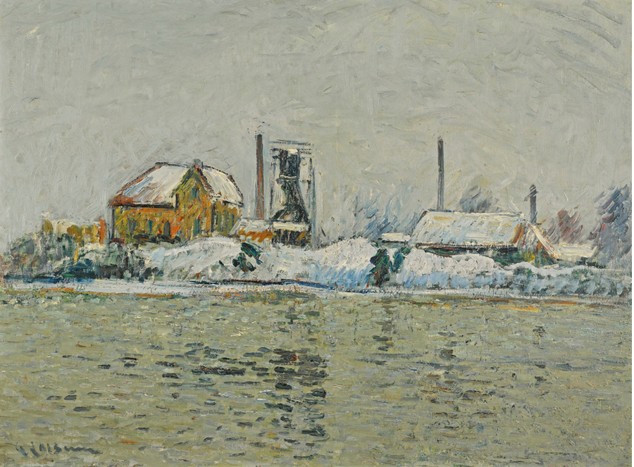 Factory on the Banks of the Oise, Snow Effect - Gustave Loiseau