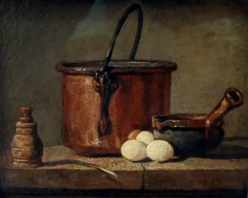 Kitchen utensils, cauldron, frying pan and eggs - Jean Siméon Chardin
