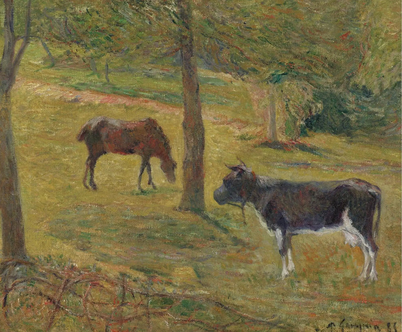 Cow and horse in a meadow - Paul Gauguin
