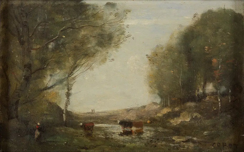 Cows and Water - Jean-Baptiste Camille Corot