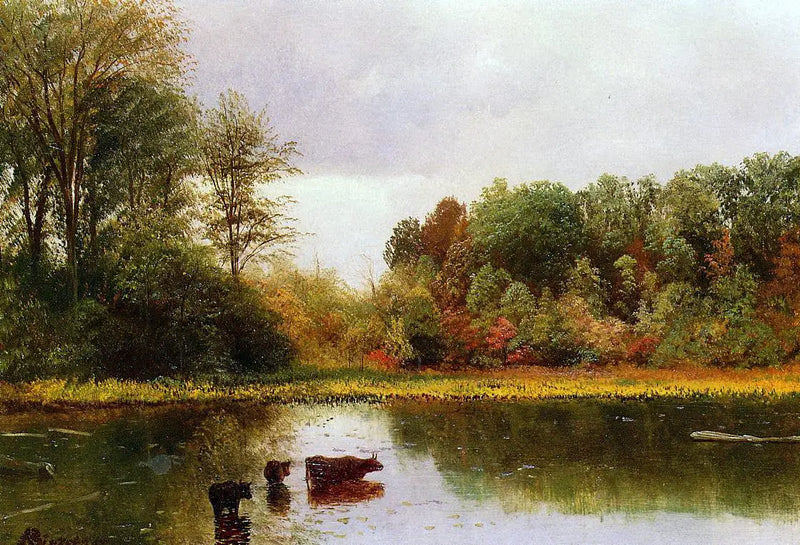 Cows drinking in a landscape - Albert Bierstadt