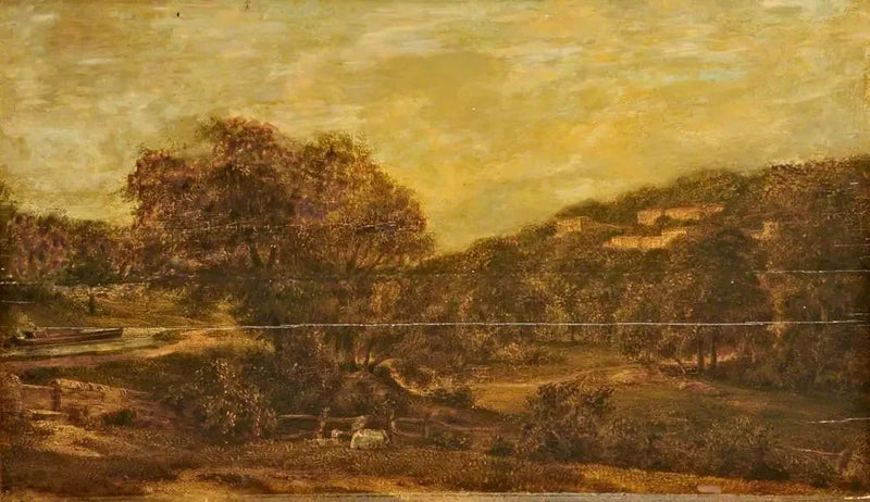 Forested valley with a stream and hillside houses - John Constable