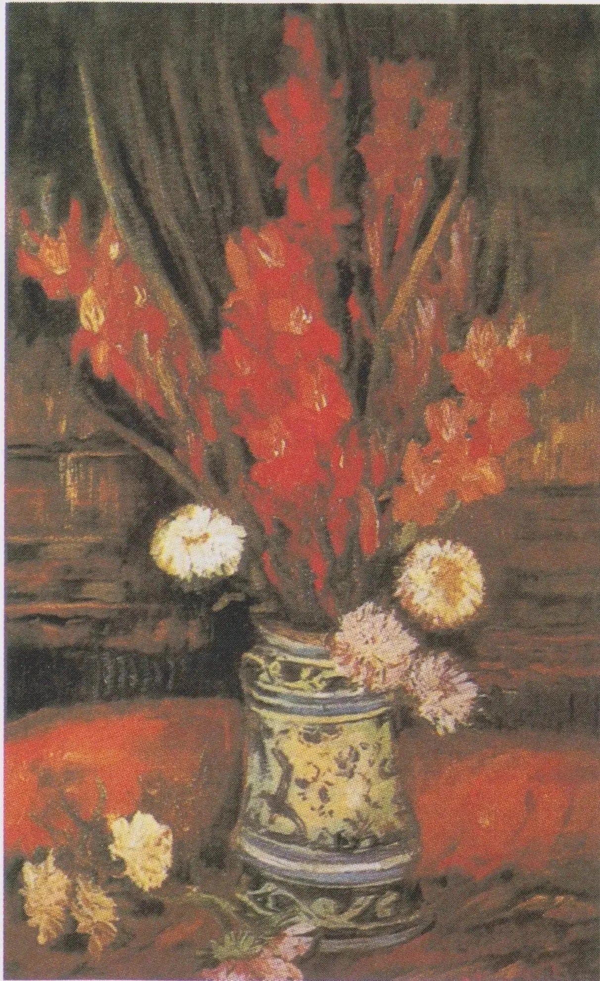 Vase avec glaïeuls rouges F247 — fleurs rouges dans un vase décoré peintes par Vincent van Gogh