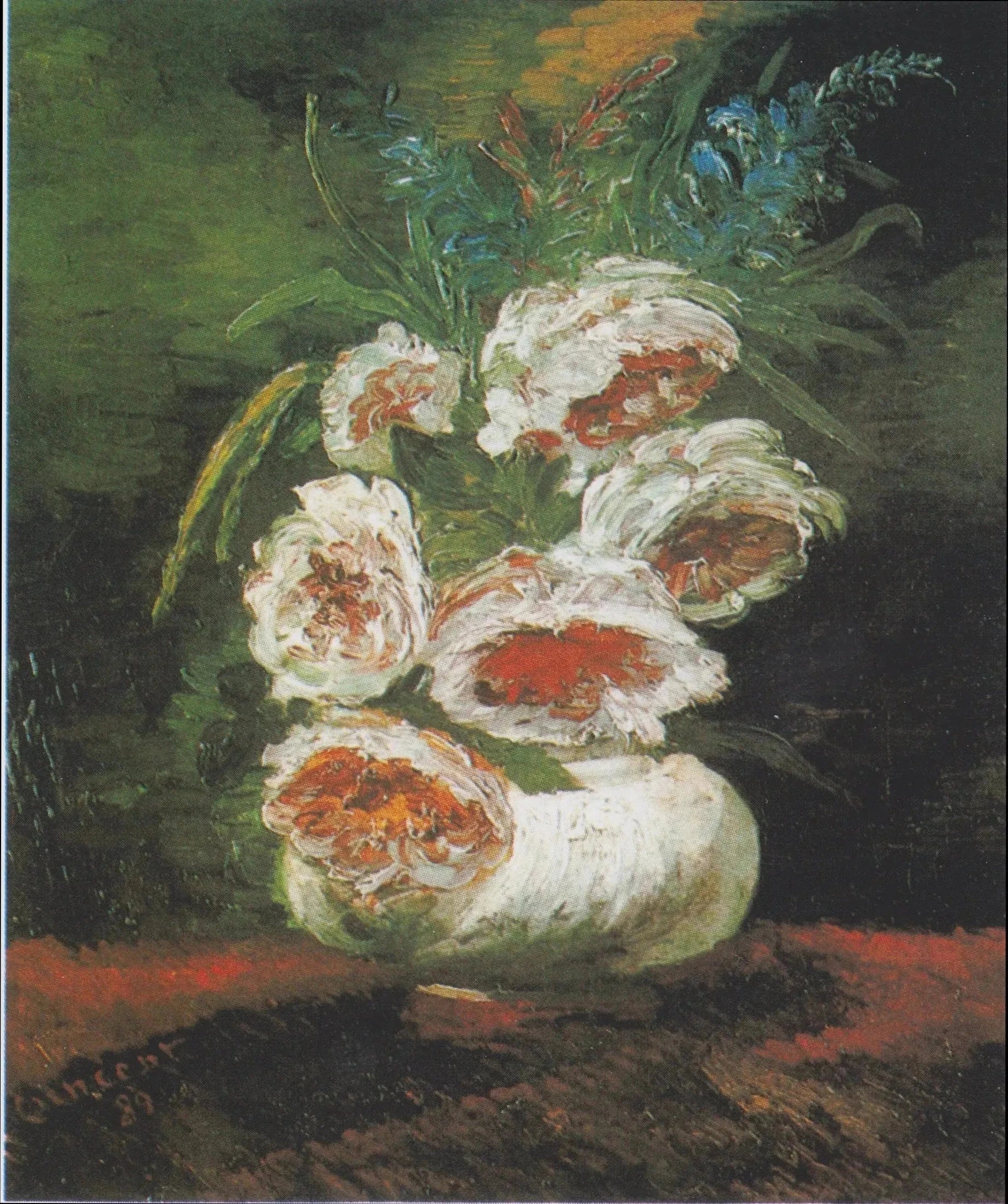 Vase avec pivoines F666a — pivoines blanches et roses sur fond vert, œuvre attribuée à Vincent van Gogh