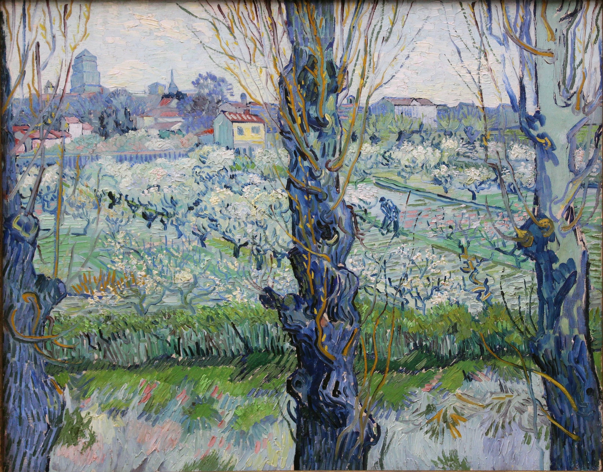 Verger en fleur avec vue d’Arles F516 de Vincent van Gogh, Neue Pinakothek