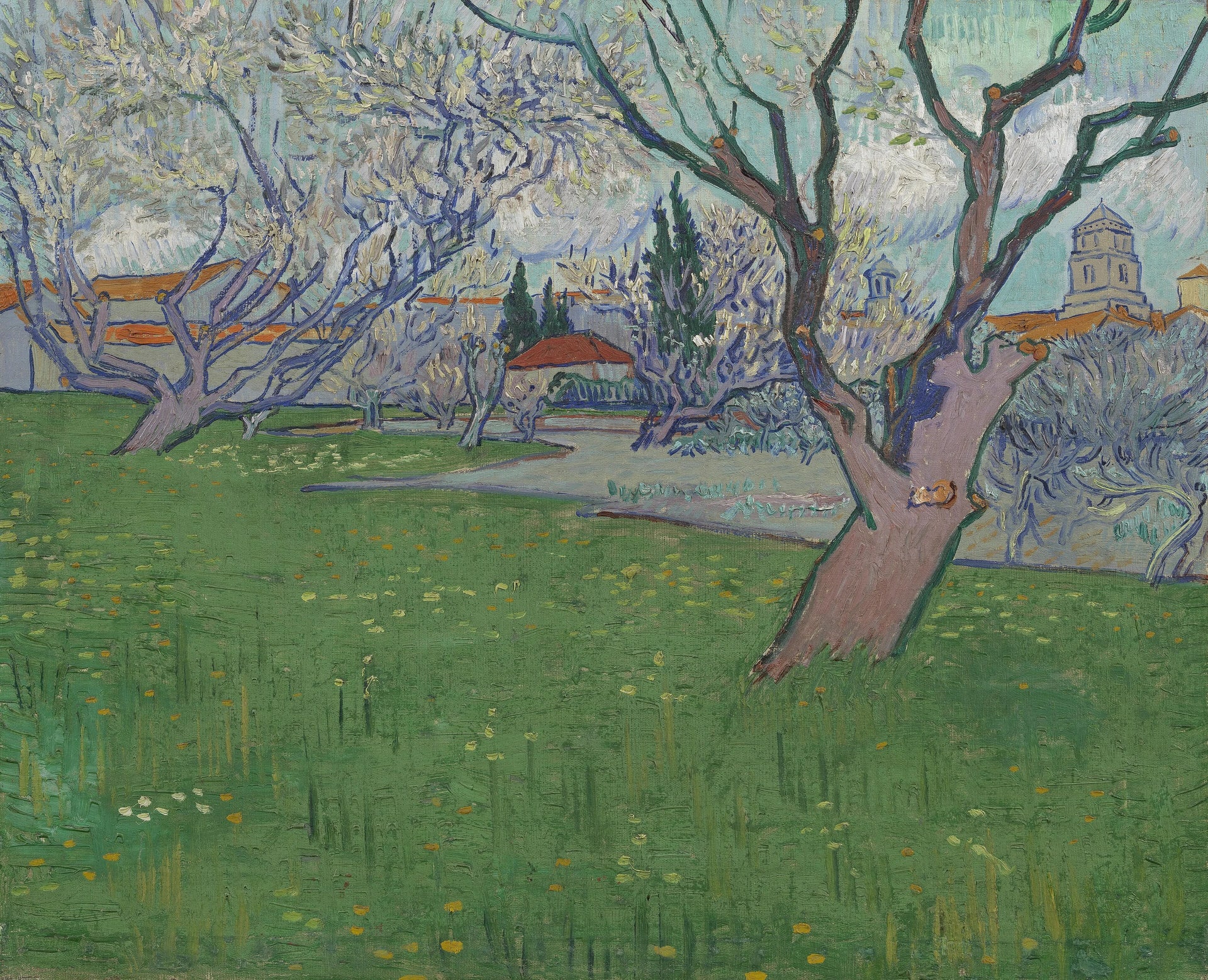 Vergers en fleurs avec vue d’Arles F515 de Vincent van Gogh, Van Gogh Museum