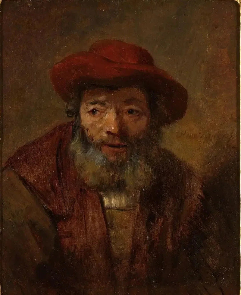 Portrait of an old man with a beard and a red hat - Rembrandt