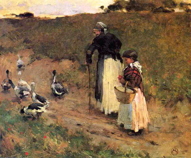 Old woman with a child and a goose - Willard Metcalf