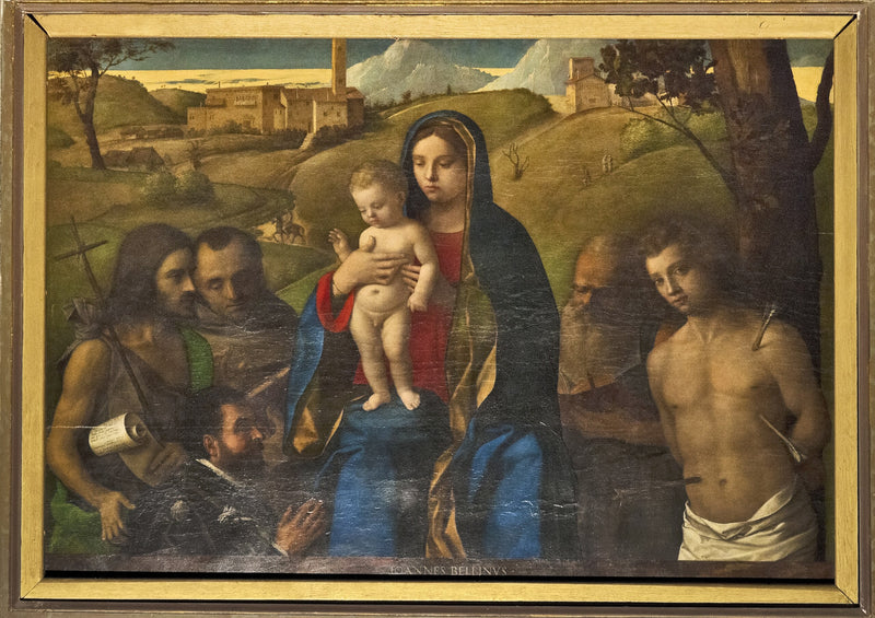 Virgin and Child with Four Saints (John the Baptist, Francis, Jerome, and Sebastian (from left to right)) and the Donor - Giovanni Bellini
