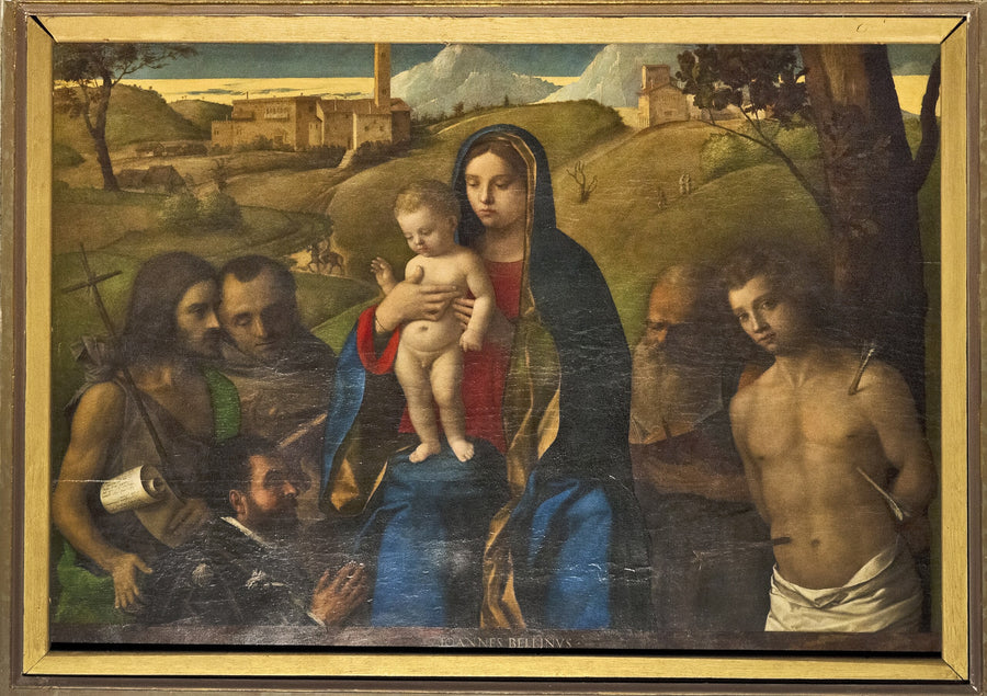 Virgin and Child with Four Saints (John the Baptist, Francis, Jerome, and Sebastian (from left to right)) and the Donor - Giovanni Bellini