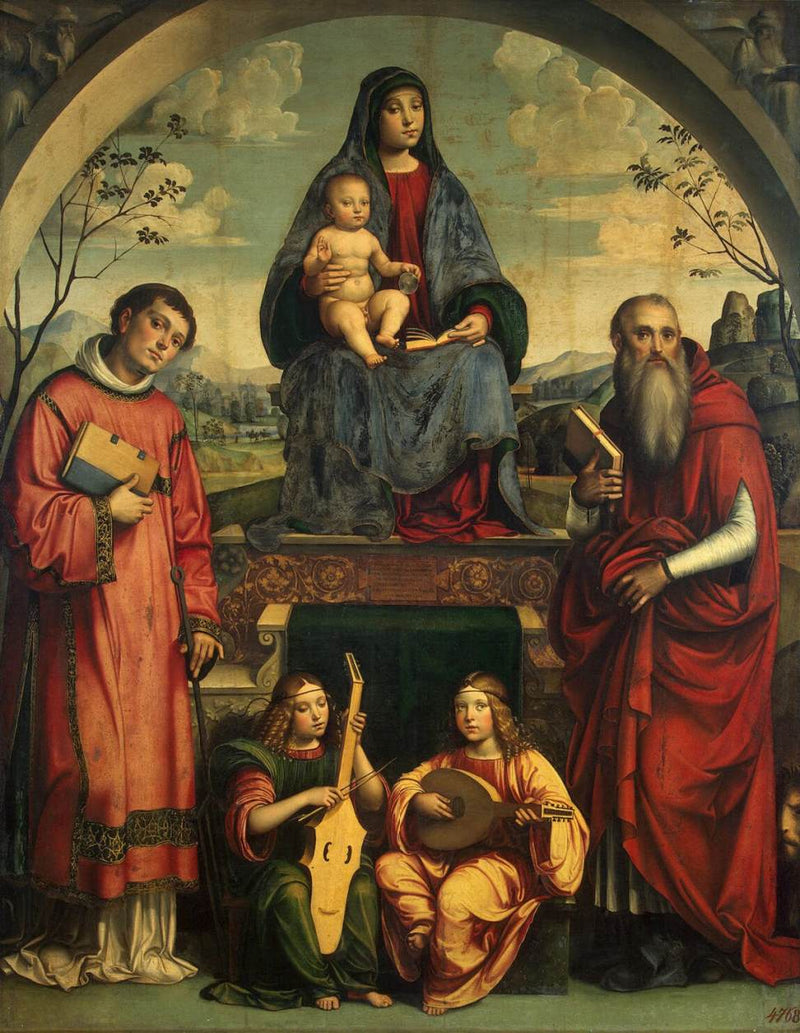 Virgin and Child with Saint Laurent, Saint Jerome, and Two Angels Playing Music - Francesco Francia