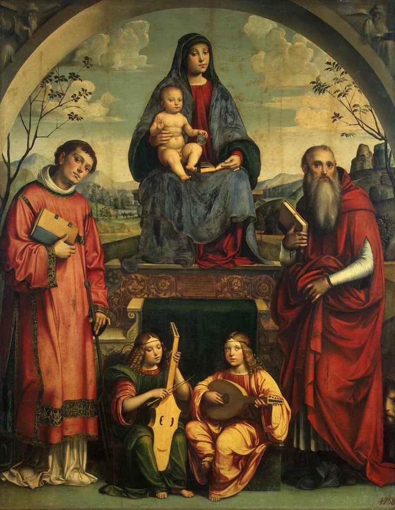 Virgin and Child with Saint Laurent, Saint Jerome, and Two Angels Playing Music - Francesco Francia