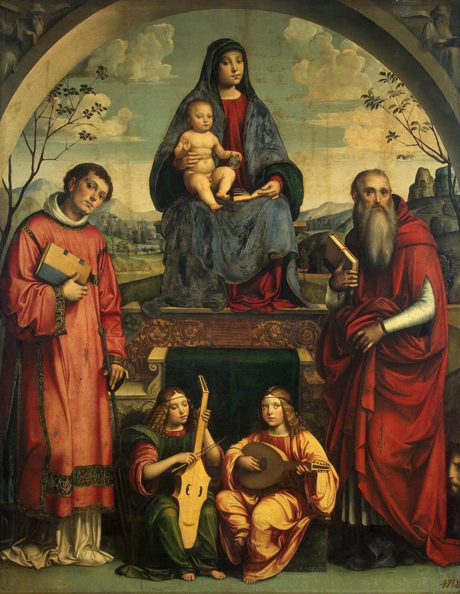 Virgin and Child with Saint Laurent, Saint Jerome, and Two Angels Playing Music - Francesco Francia