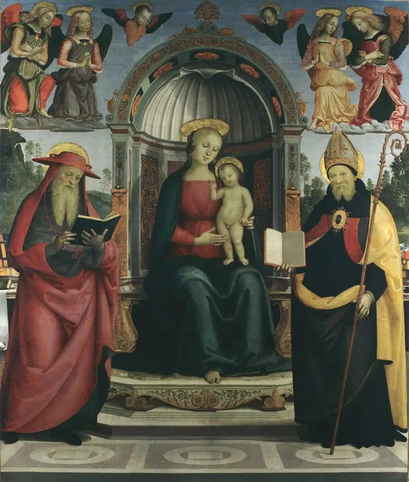 Virgin and Child on the throne between Saint Jerome, Saint Augustine, four angels, and two cherubs - Pietro Perugino