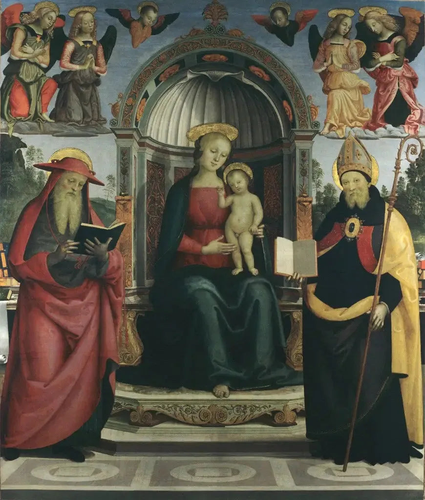 Virgin and Child on the throne between Saint Jerome, Saint Augustine, four angels, and two cherubs - Pietro Perugino