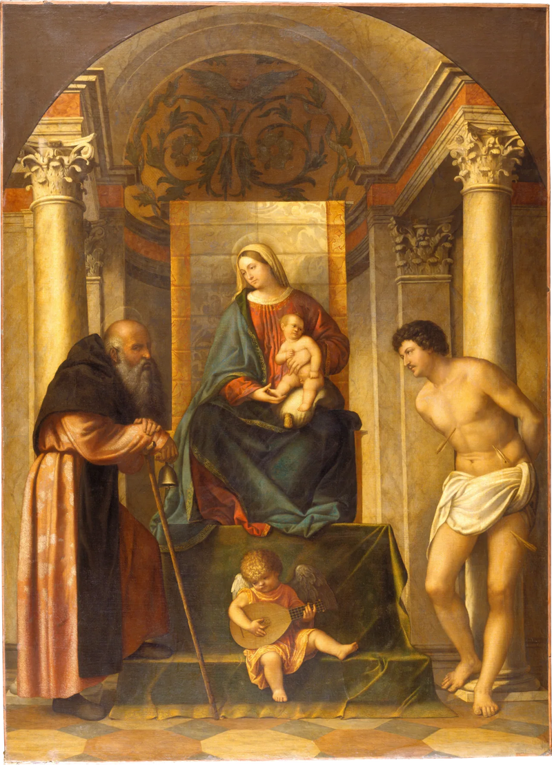 Virgin and Child enthroned with Saint Anthony the Abbot and Saint Sebastian - Alessandro Bonvicino