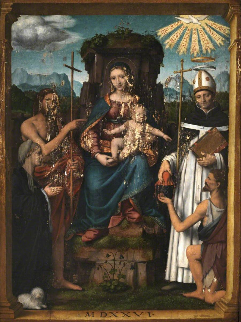 Virgin and Child enthroned with Saint John the Baptist, Saint Antonin, a donor, and a beggar - Bernardino Luini