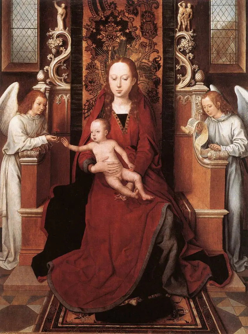 Virgin Enthroned with Child and Two Angels - Hans Memling