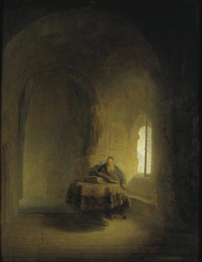 An old scholar by a window in a vaulted room - Rembrandt