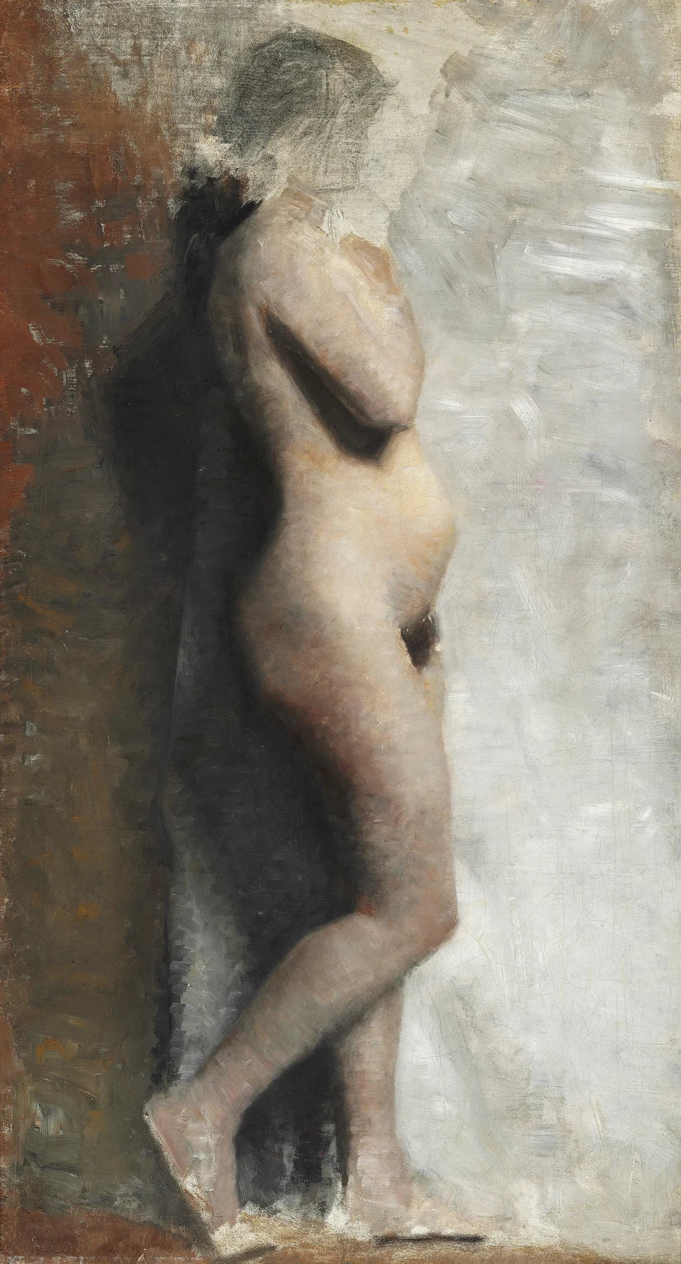 Modèle féminin nu debout, de profil, peinture de Vilhelm Hammershøi