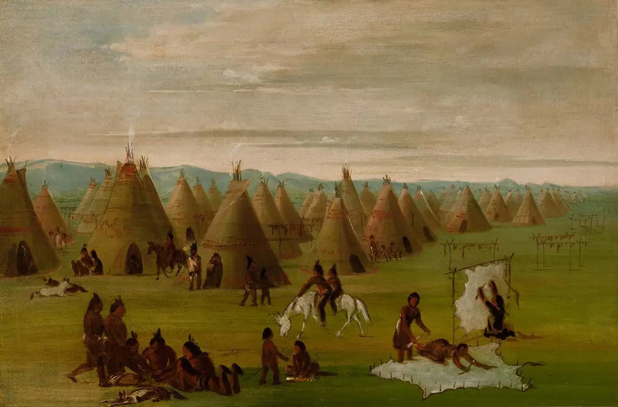 Comanche Village, women preparing their dresses and drying meat - George Catlin