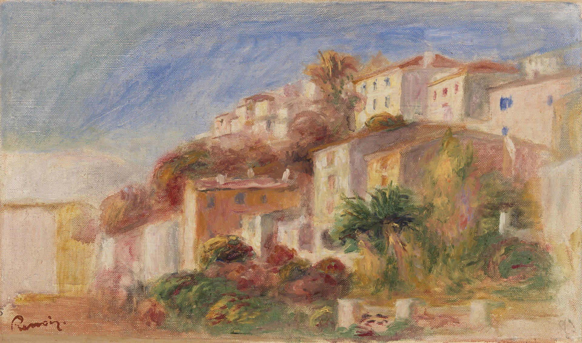 Village vu du jardin de la Poste à Cagnes, Renoir vers 1908 – reproduction peinture à l’huile sur toile