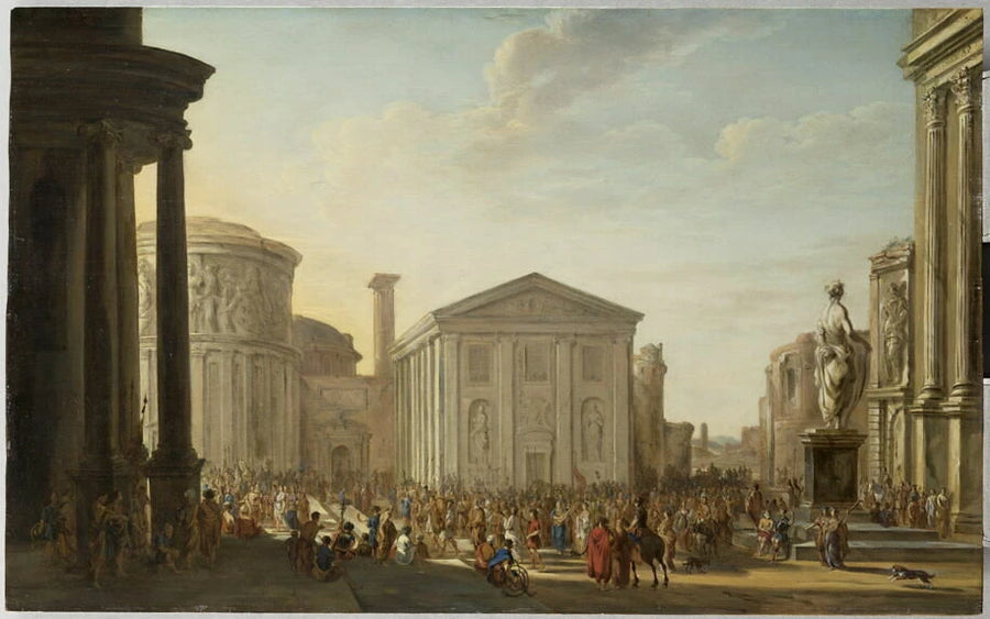 Vue d'architectures antiques avec une foule en cortège - Jacob van der Ulft
