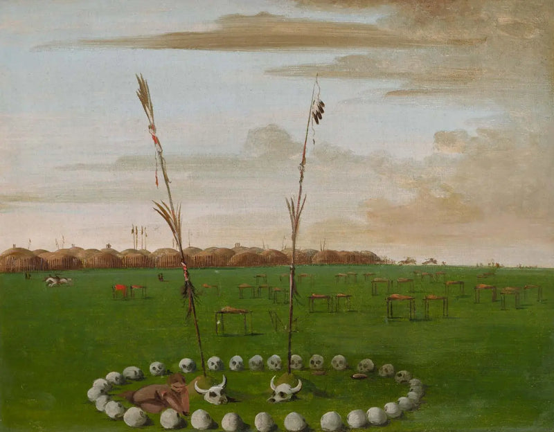Rear view of Mandan village, showing the cemetery - George Catlin