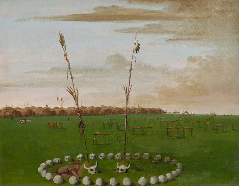 Rear view of Mandan village, showing the cemetery - George Catlin