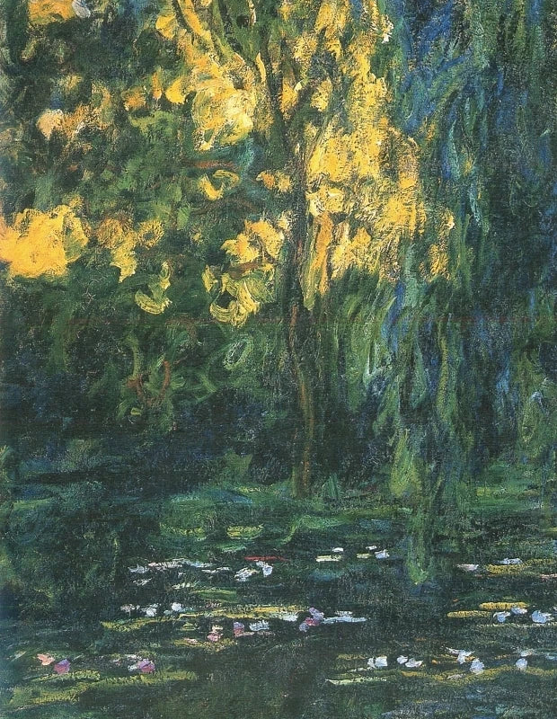 Détail des percées jaunes et des reflets du bassin dans la Vue aux nymphéas avec saule W1866 de Monet