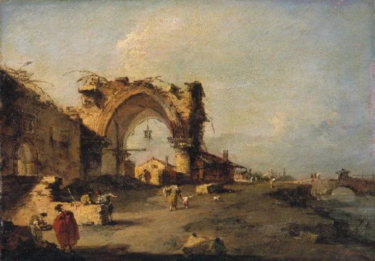 View of a small town with a bridge and a monumental Gothic gate in ruins - Francesco Guardi