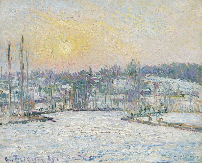 View of Bazincourt, snow effect, setting sun - Camille Pissarro