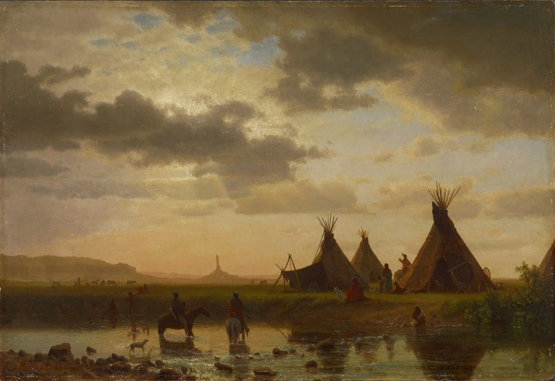 View of Chimney Rock, Sioux village of Ohalilah in the foreground - Albert Bierstadt