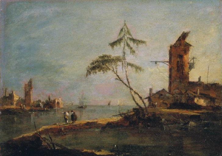 View of the entrance of a channel with two towers - Francesco Guardi