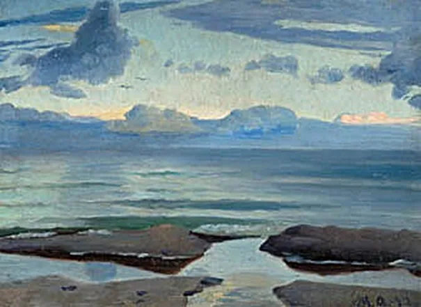 View of Skagen beach with seagulls on the horizon, early evening. - Michael Peter Ancher