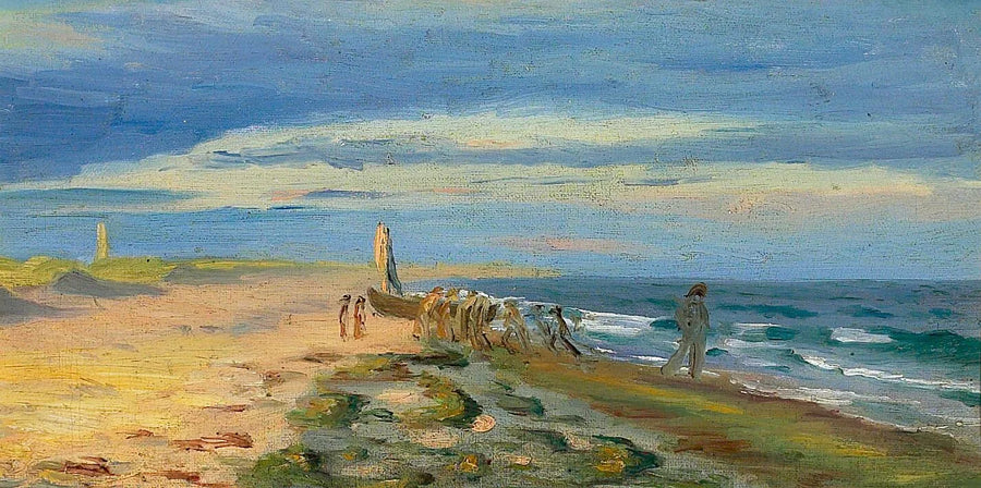 View of Skagen beach with people on board a boat. The Skagen lighthouse stands in the background. - Michael Peter Ancher