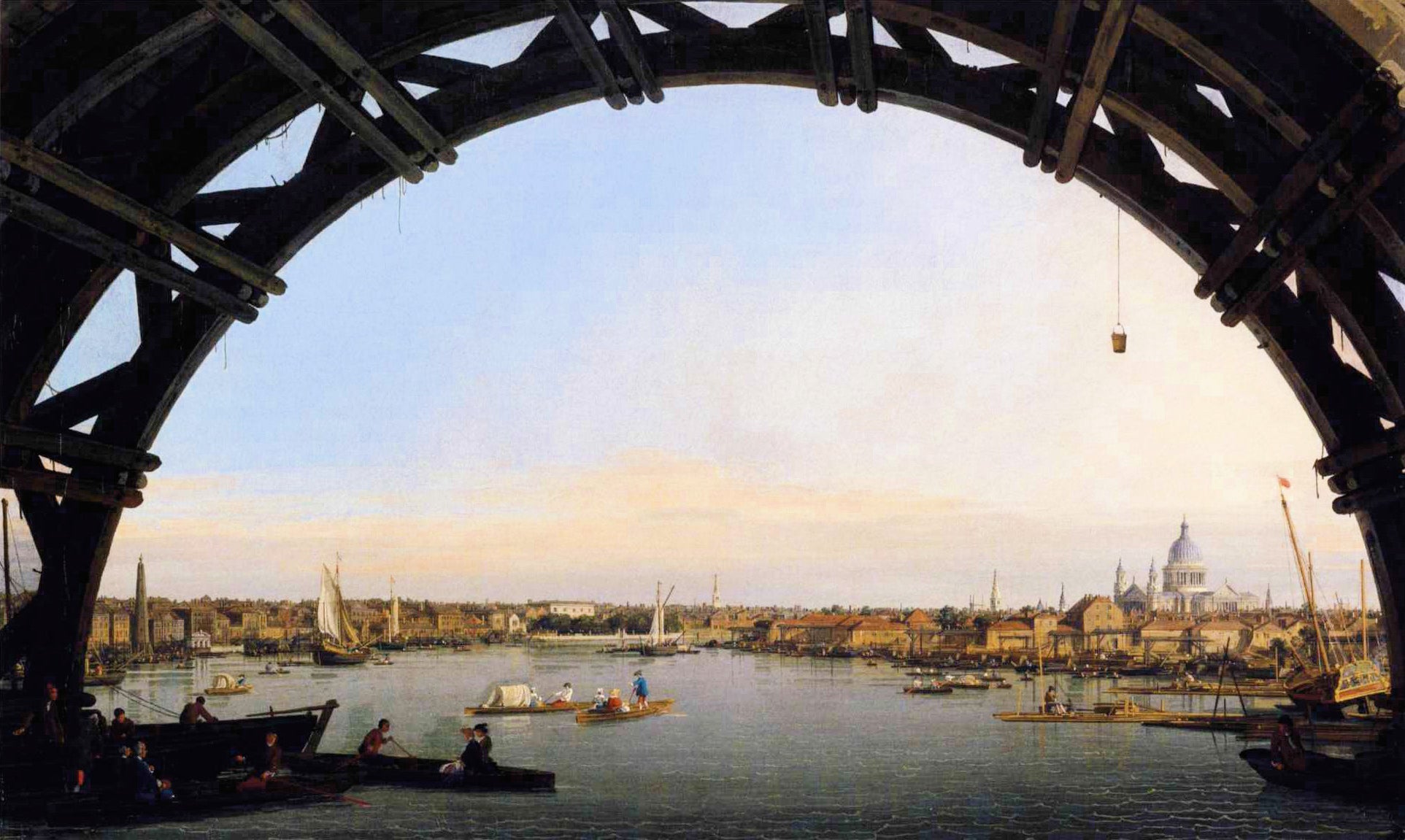 View of the Thames and the City under an arch of Westminster Bridge - Canaletto