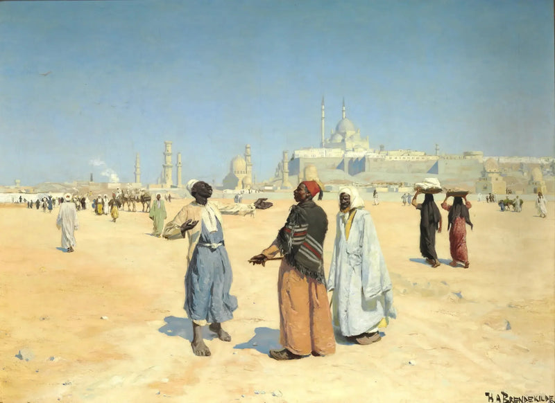 View of the Cairo desert with the citadel and Mamluk tombs in the background - H. A. Brendekilde