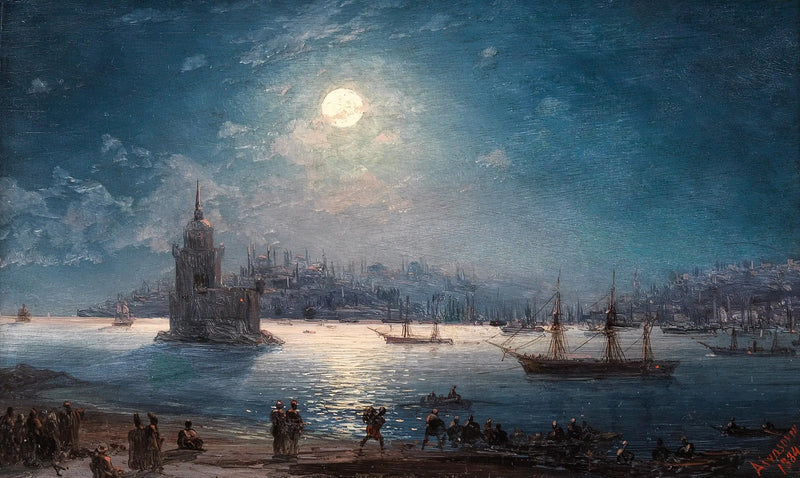 View of the Bosphorus with Hagia Sophia and the Maiden's Tower in moonlight - Ivan Aivazovsky