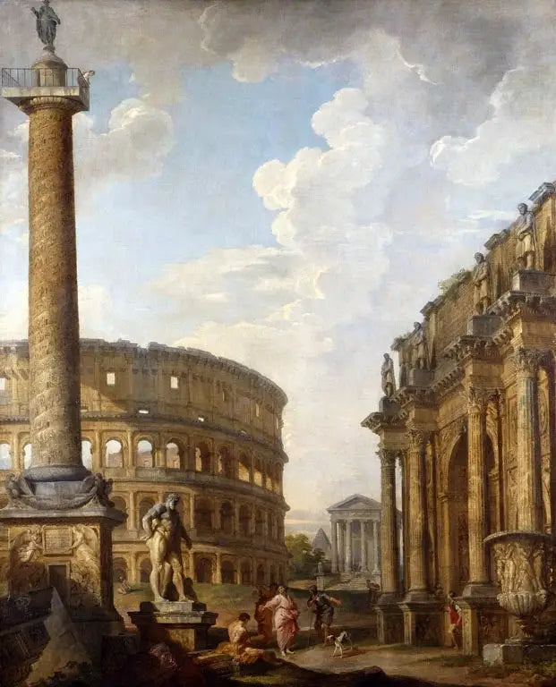 View of the Caprice with the Trajan Column and Roman ruins - Giovanni Paolo Panini